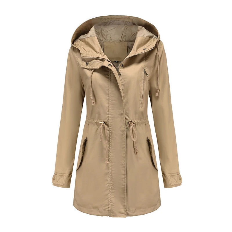 Women's comfortable hooded windbreaker trench coat
