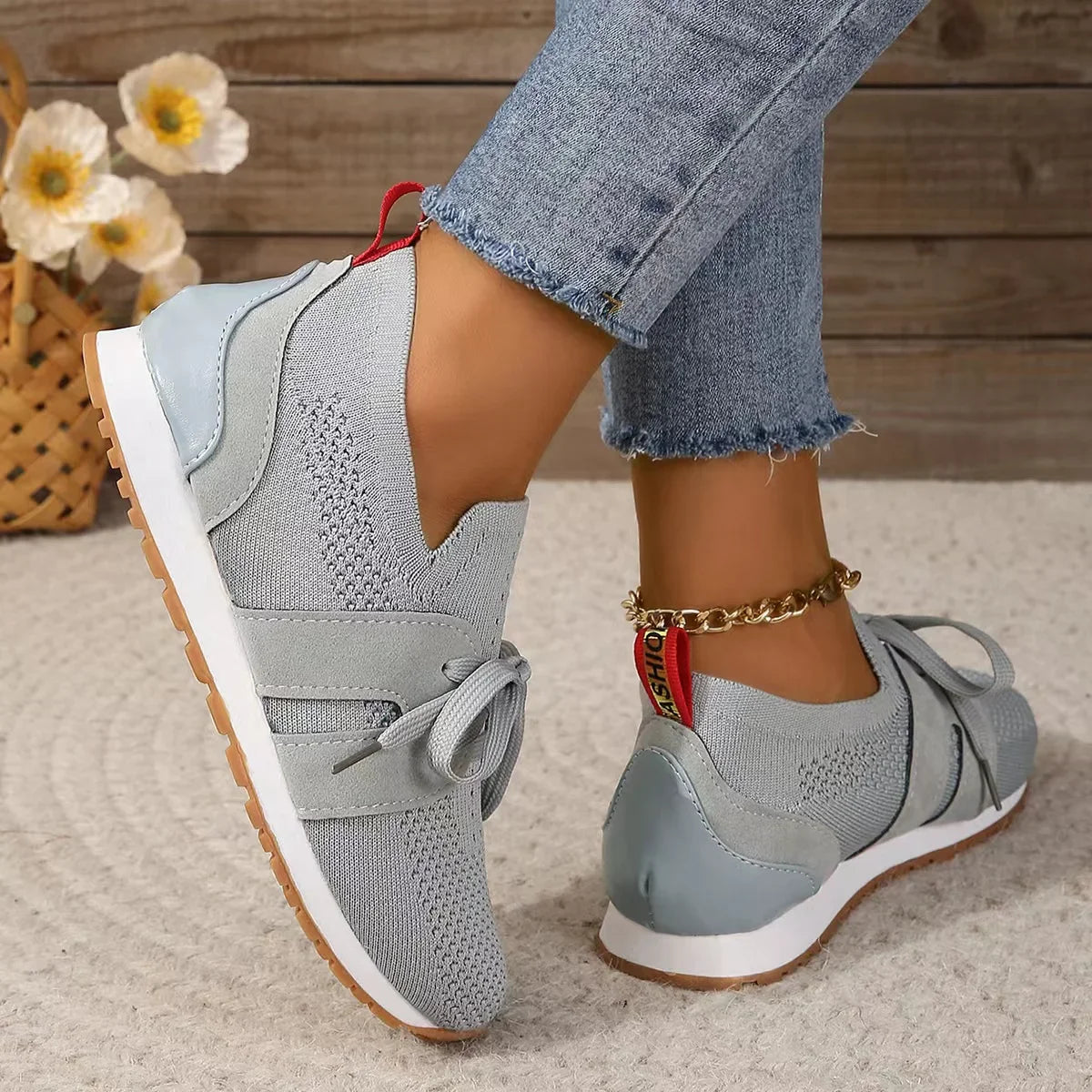 Women's Casual Sneakers - Breathable Knit Upper - Lace-Up - Rubber Sole Comfortable Fit