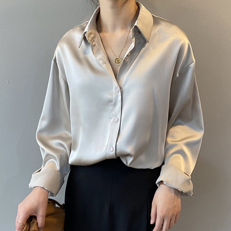 Women's Silk Blouse - Classic Button-Down - Collared Neck - Long Sleeve Relaxed Fit