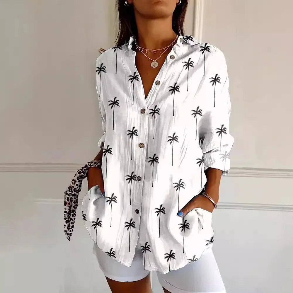 Women's Button-Up Blouse - Relaxed Fit - 3/4 Sleeve - Patchwork Floral Print