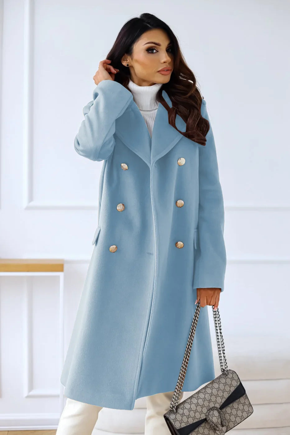 Women's double-breasted textured coat long sleeve lapel winter jacket