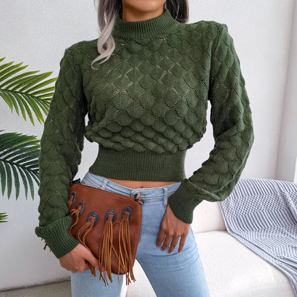 Women's diamond hollow long sleeve cropped knitted sweater