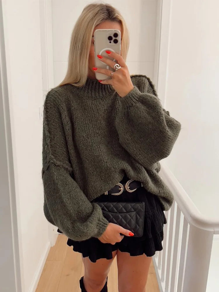 Women's oversized high neck knit sweater with lantern sleeves