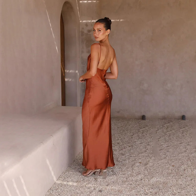Women’s Maxi Dress – Satin Slim Fit – Cowl Neck – Spaghetti Strap Evening Gown