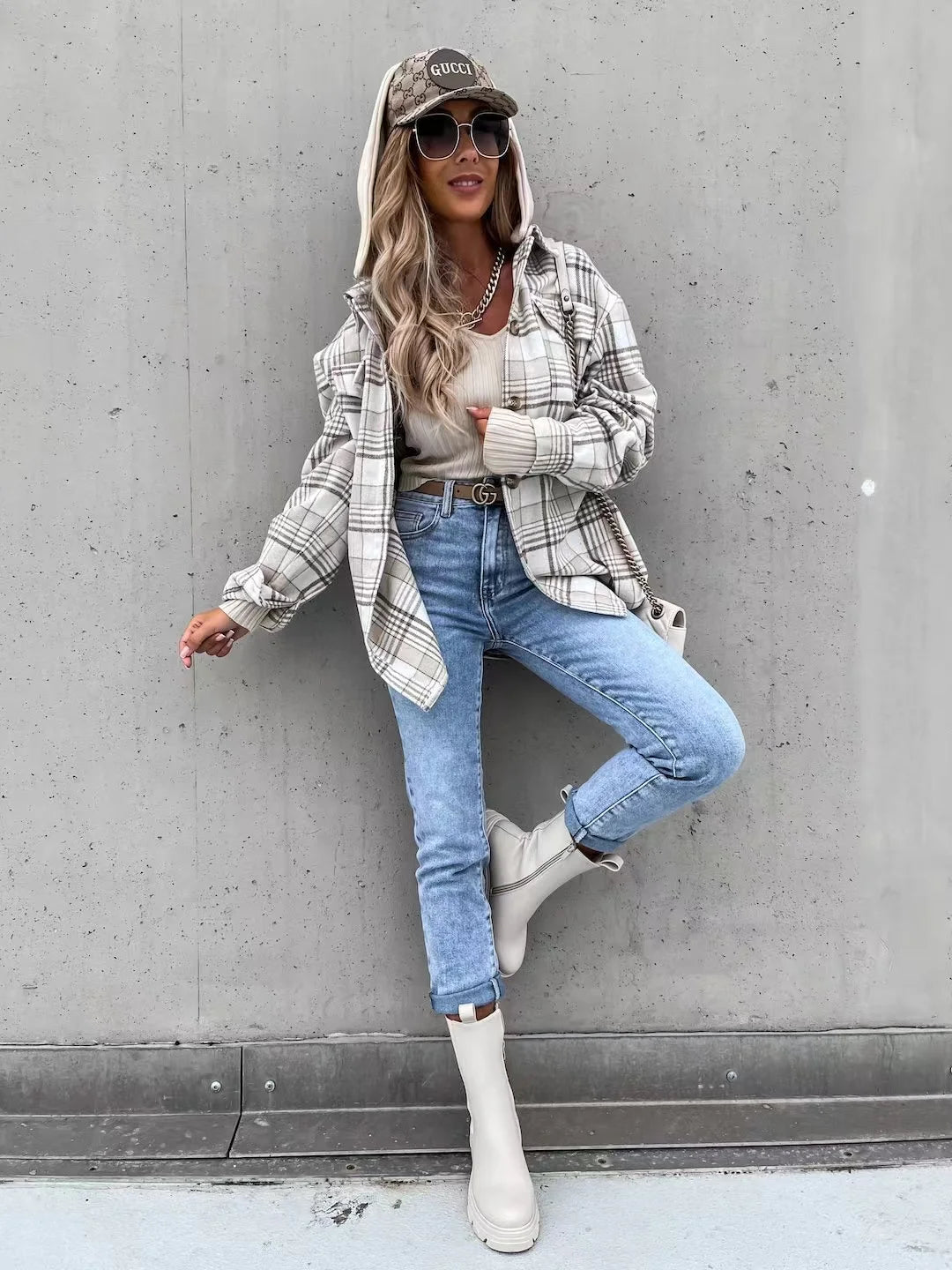 Women's autumn plaid button front jacket with detachable hoodie