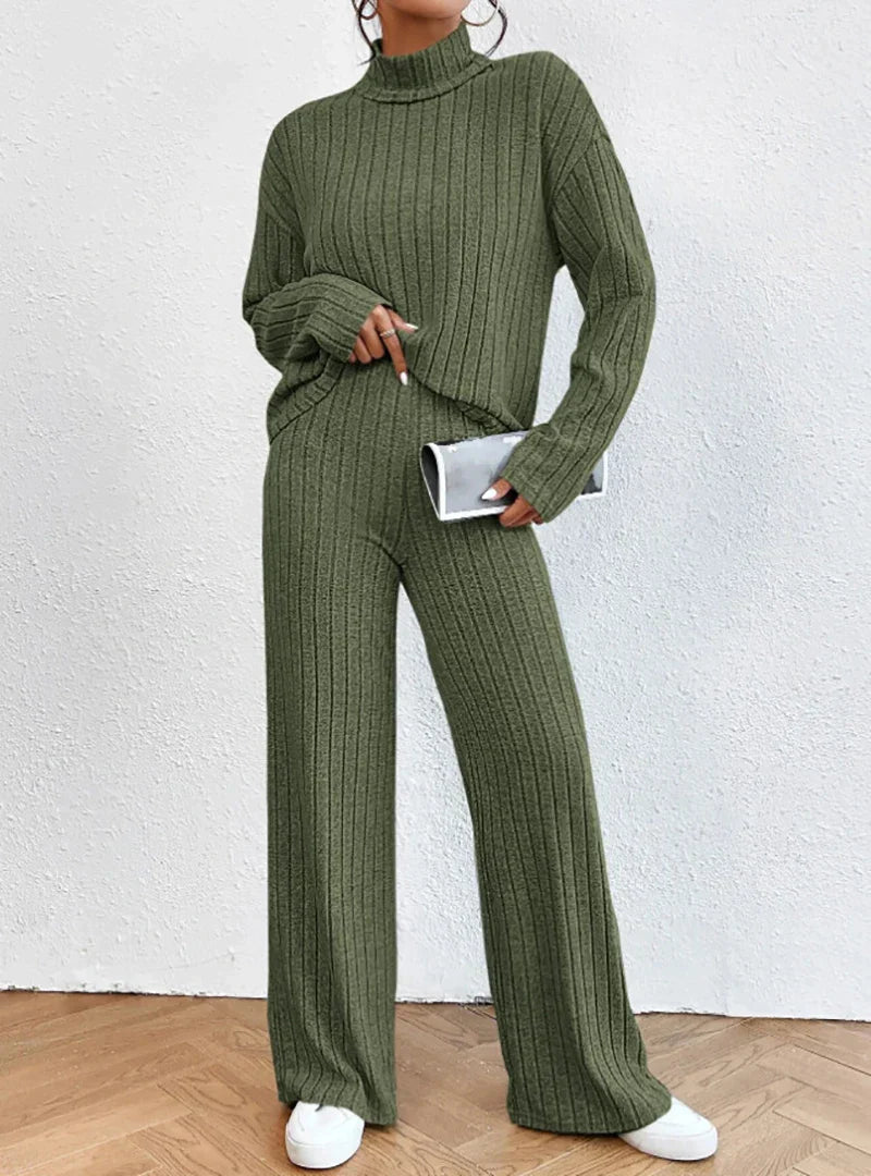 Women's solid color high collar long sleeve ribbed two-piece set