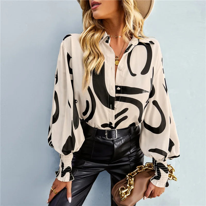 Women's Blouse - Floral Print - Relaxed Fit - Long Sleeve Smocked Cuffs - V-Neck Buttons