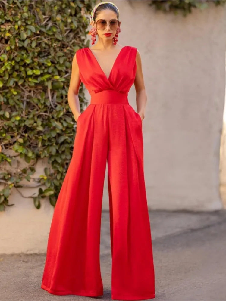 Women's Jumpsuit - Sleeveless V-Neck Wrap - Wide-Leg Elegant Fit - Lightweight Fabric
