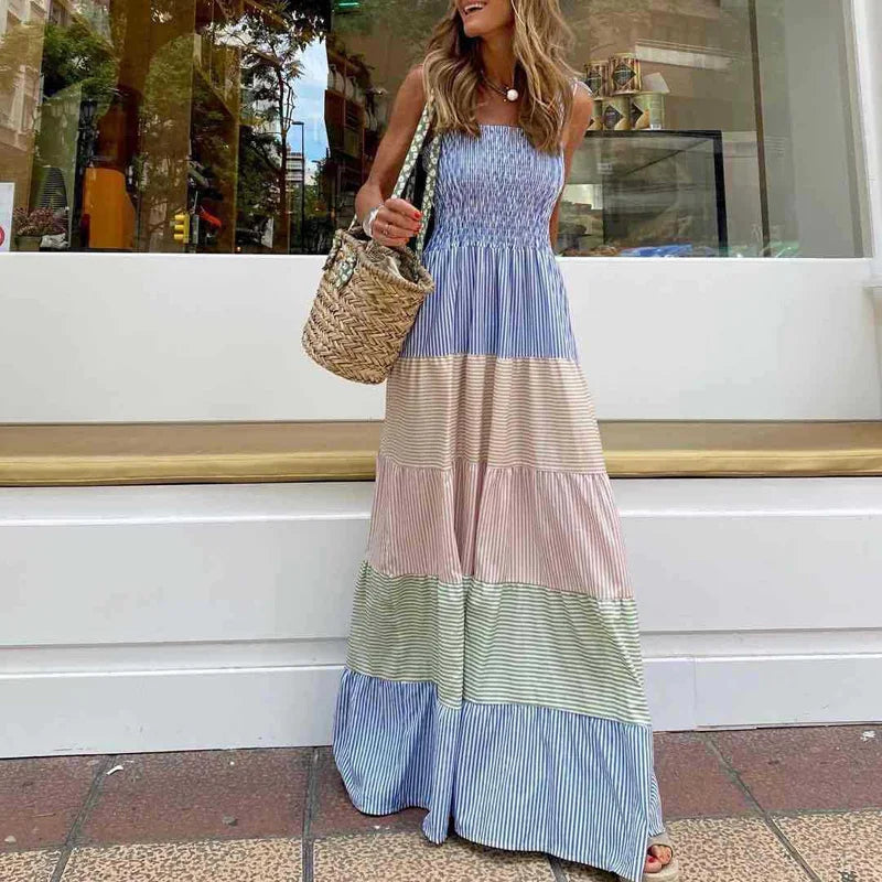 Smocked Bodice Flowing Tiered Maxi Dress
