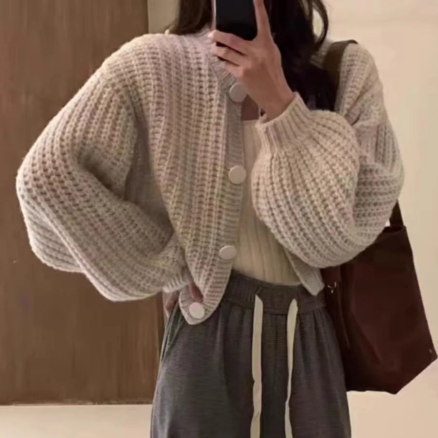 Women’s Cardigan – Wool Blend Knit – Loose Fit – Cropped Length – Balloon Sleeve