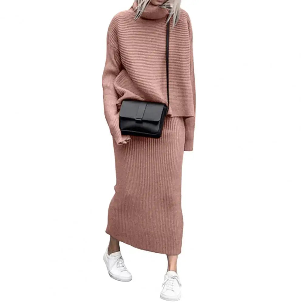Women's casual loose high collar pullover knitted sweater skirt set