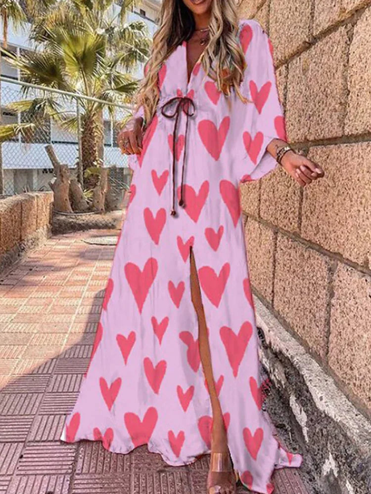 Women’s Maxi Dress – V-Neck Button Down – Abstract Print – Belted Waist – Breathable Blend