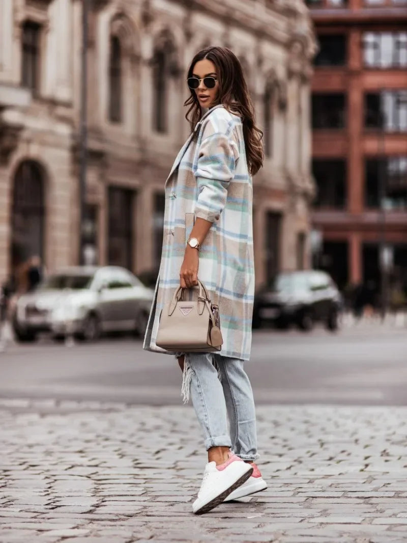 Women's mid-length plaid coat