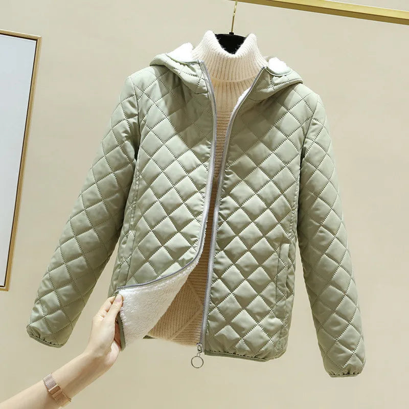 Women’s Quilted Hooded Jacket - Fleece Lined - Diamond Stitch - Zipper Front Closure