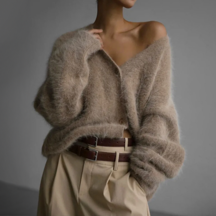 Women's oversized fuzzy v-neck cardigan