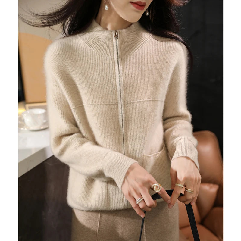 Women's textured half-collar zip cardigan autumn winter