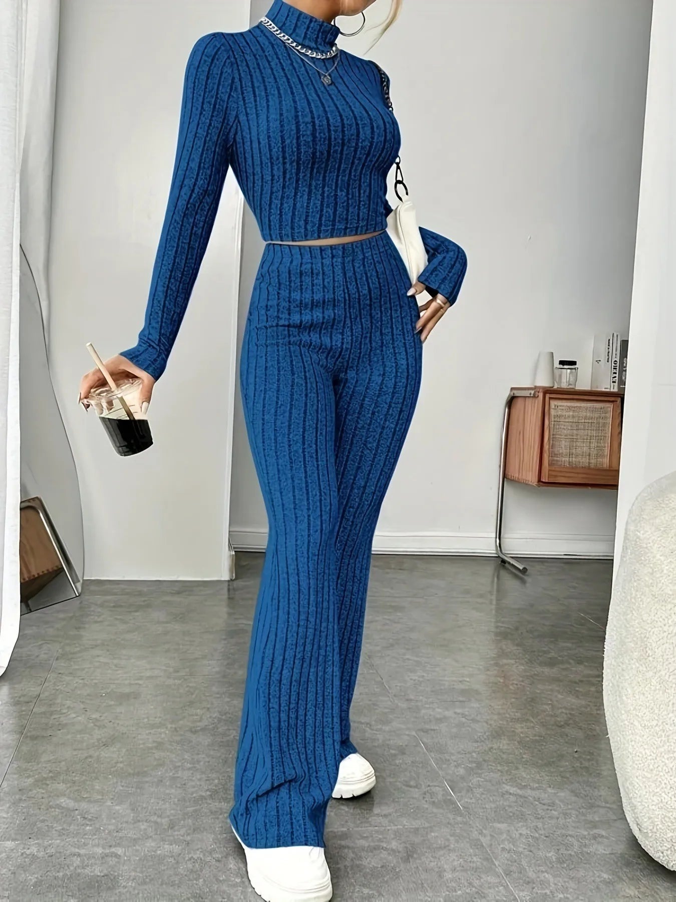Spring women's knitted two-piece set sweater and loose pants