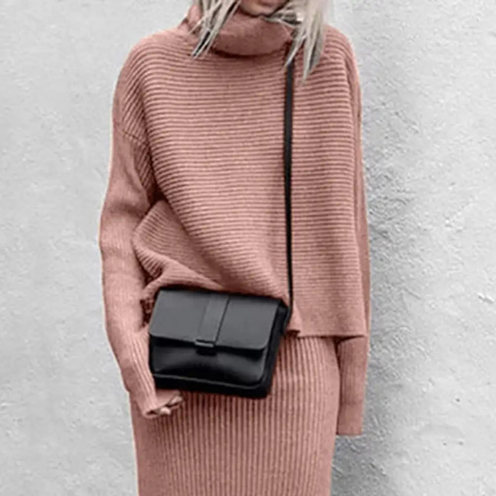 Women's casual loose high collar pullover knitted sweater skirt set