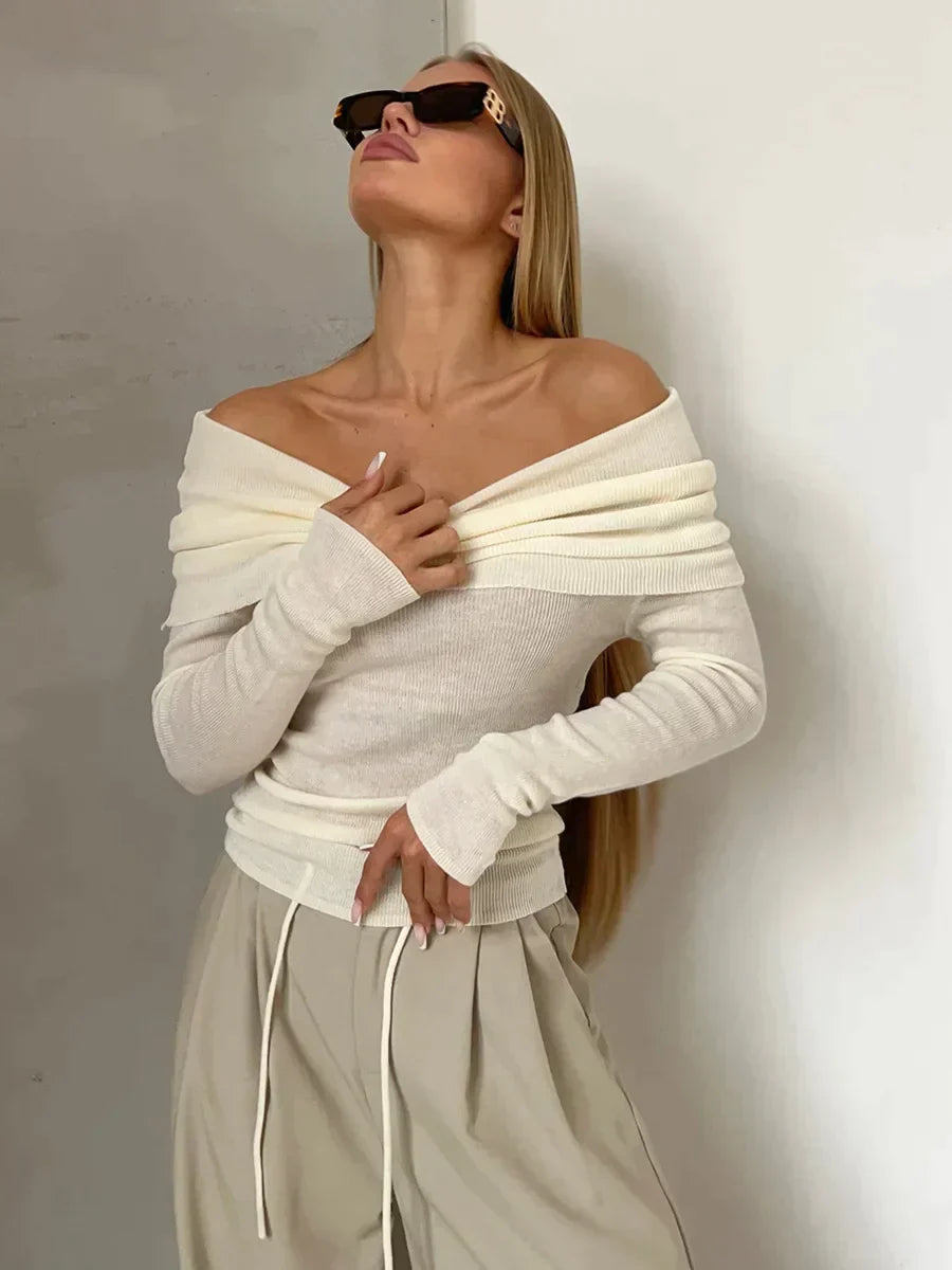 Women’s Off-Shoulder Top – Ribbed Knit – Fitted Silhouette – Long Sleeve Casual Wear