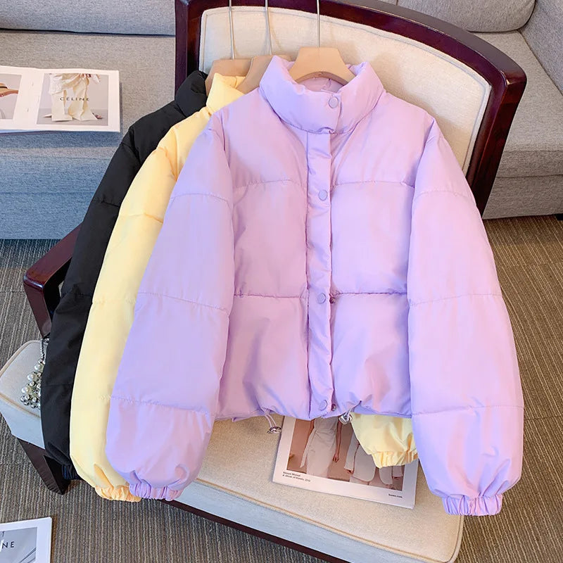 Women's Puffer Jacket - Quilted Insulated - Stand Collar - Cropped Fit Warm Outerwear