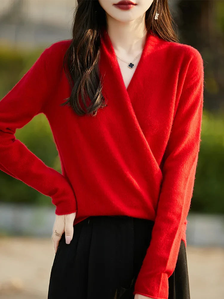 Women’s V-Neck Pullover Sweater – Wool Knit – Relaxed Fit – Long Sleeve Wrap Style