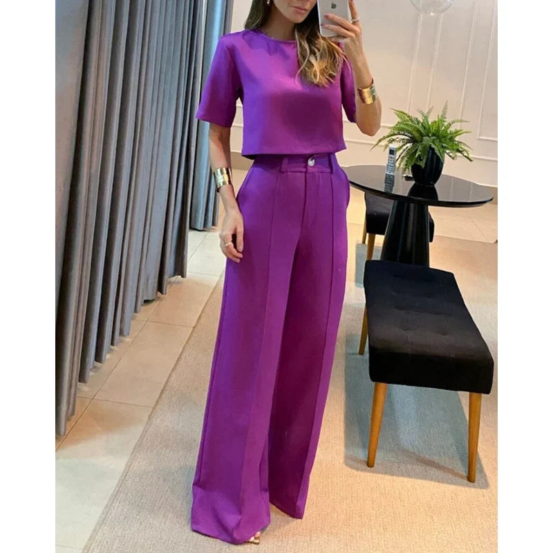 Women's summer short-sleeved cropped top wide leg pants set