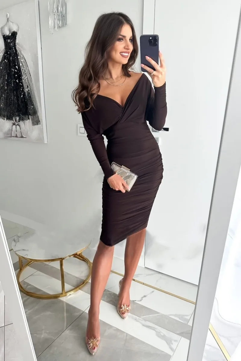 Women's Bodycon Dress - Off Shoulder - Long Sleeve - Knee Length - Ruched Elegant Fit