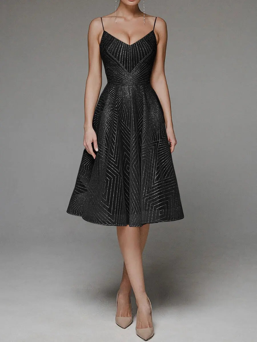 Women's A-Line Dress - Sleeveless Spaghetti Strap - V-Neck Knee-Length Elegant Wear