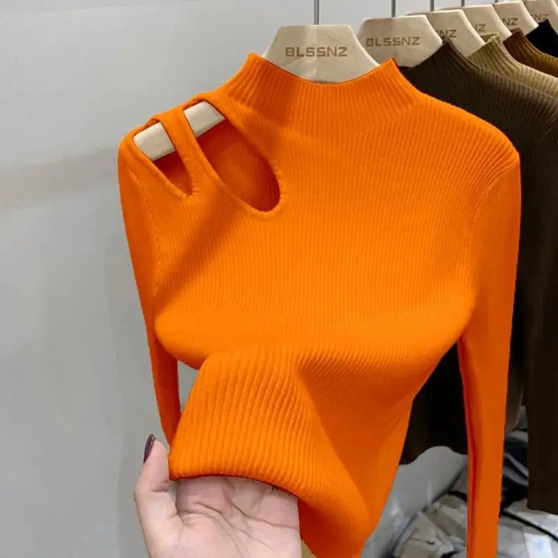 Women's half turtleneck hollow knitted top
