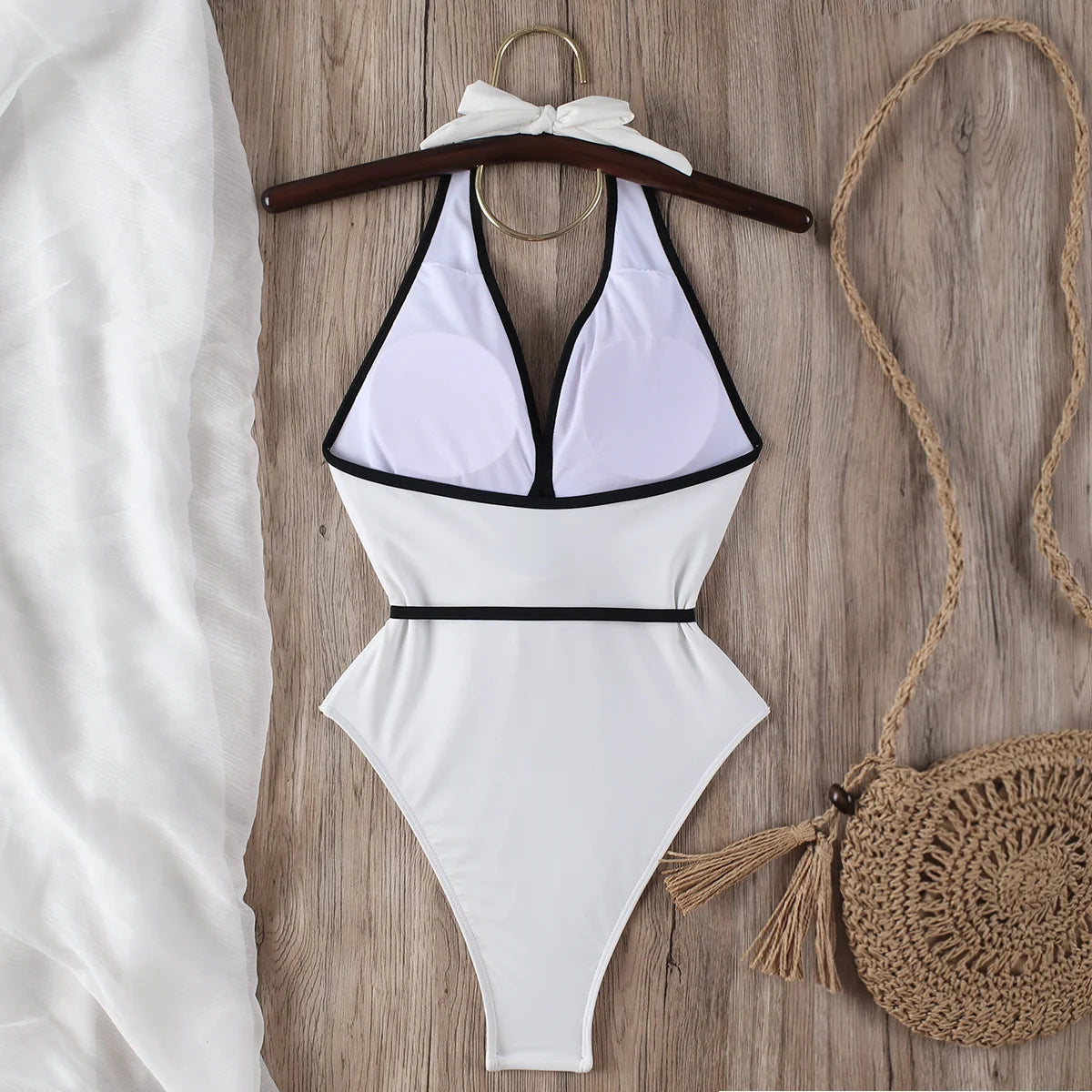 Women's One-Piece Swimsuit - Halter Neck - Keyhole Front - Floral Waist Detail
