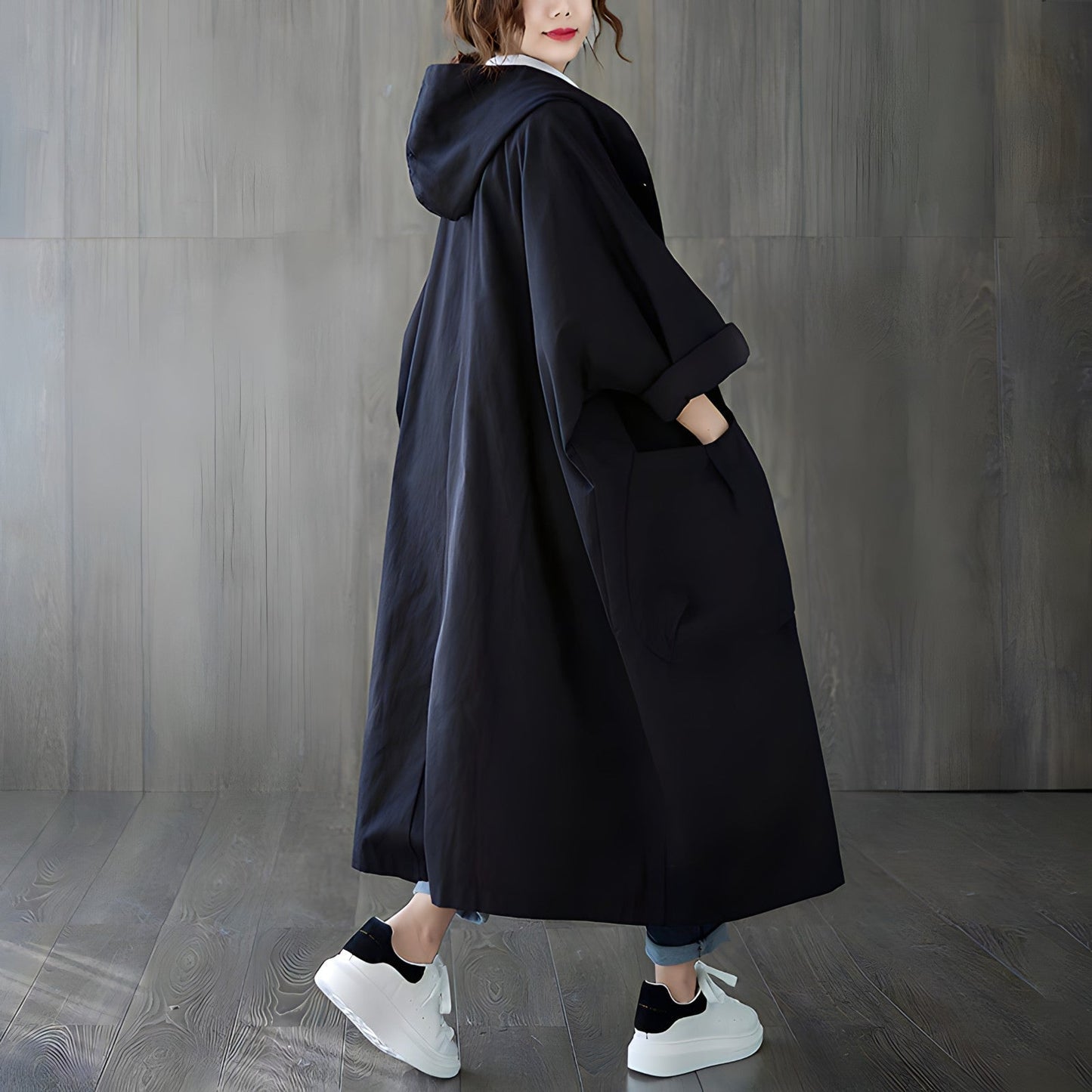 Women's retro literary oversized hooded trench coat with large pockets