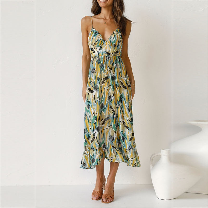 Women's Maxi Dress - Sleeveless V-Neck - Flowy A-Line with Abstract Print