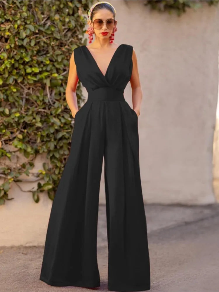 Women's Jumpsuit - Sleeveless V-Neck Wrap - Wide-Leg Elegant Fit - Lightweight Fabric