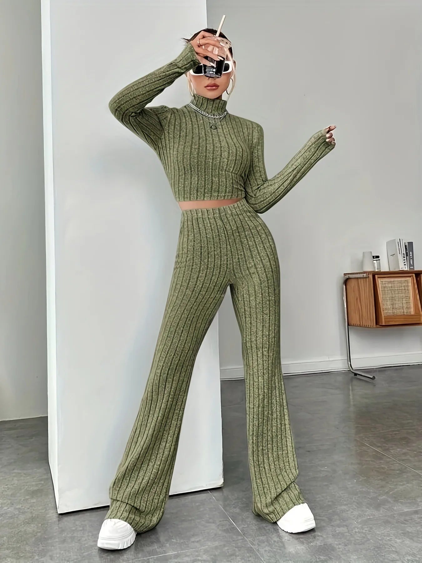 Spring women's knitted two-piece set sweater and loose pants