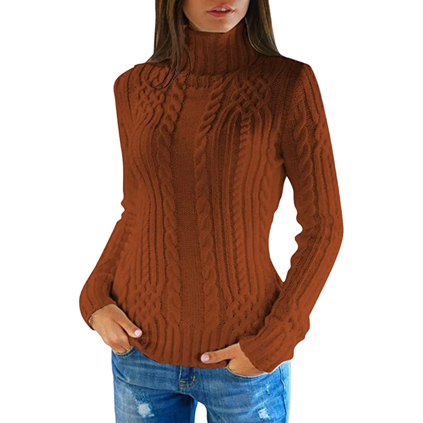 High-neck cable knit sweater for women