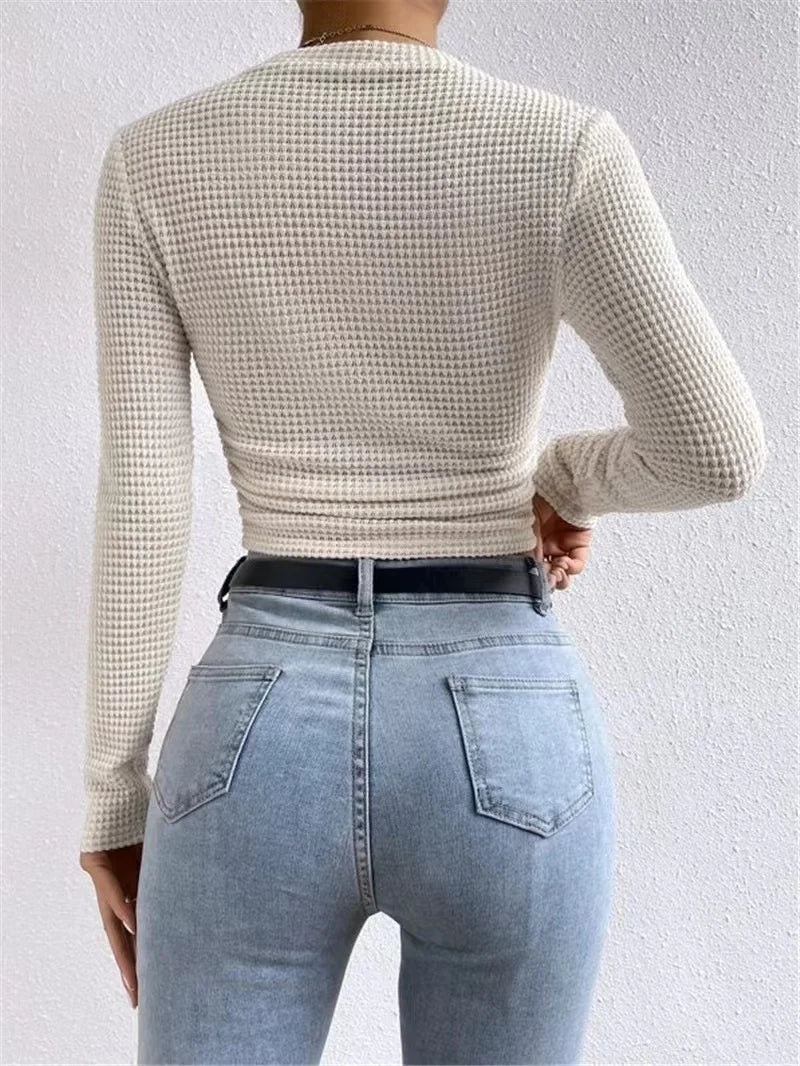 Women's basic waffle long sleeve t-shirt slim fit top