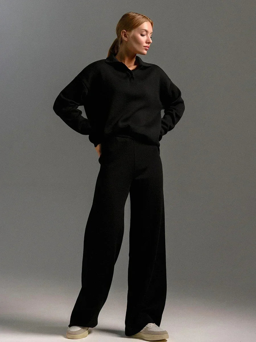 Women’s Two-Piece Knit Set – Relaxed Fit Polo Neck Sweater – Wide-Leg High-Waist Pants
