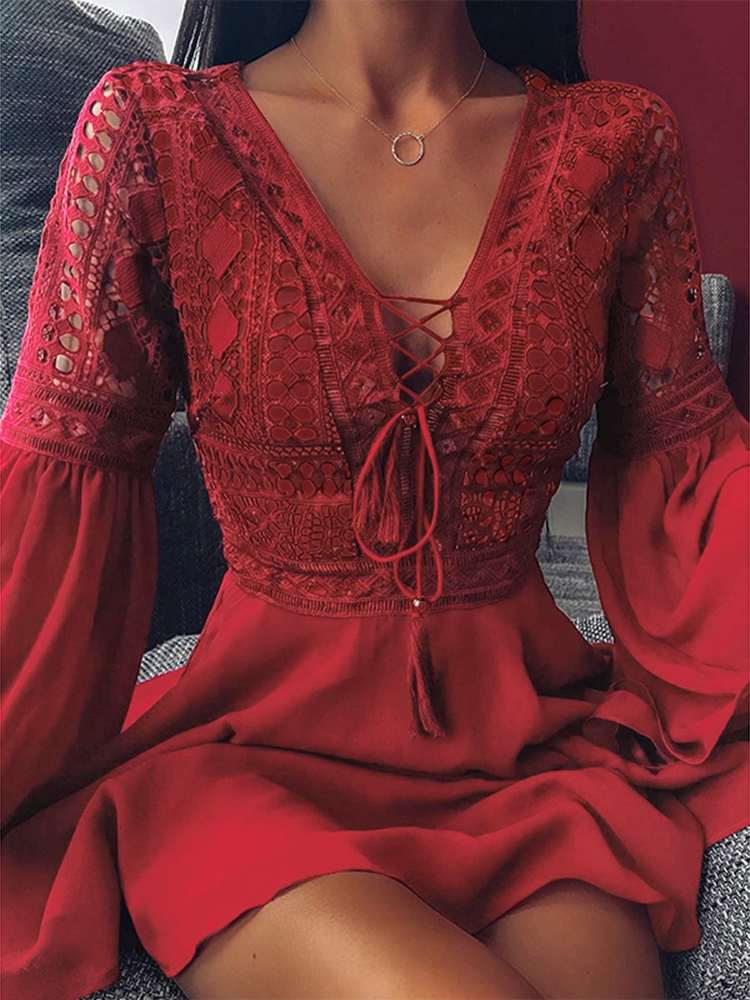 Women's Midi Dress - Lace Detail - V-Neck Crisscross - Boho Style - Bell Sleeves