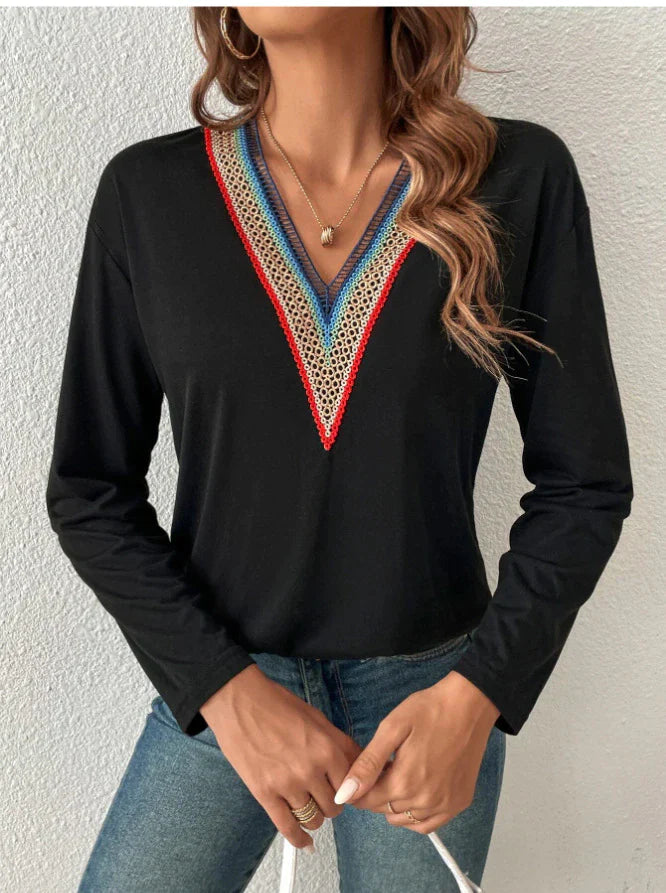 Women's V-Neck Blouse - Embellished Neckline - Long Sleeve Stretchy Casual Fit