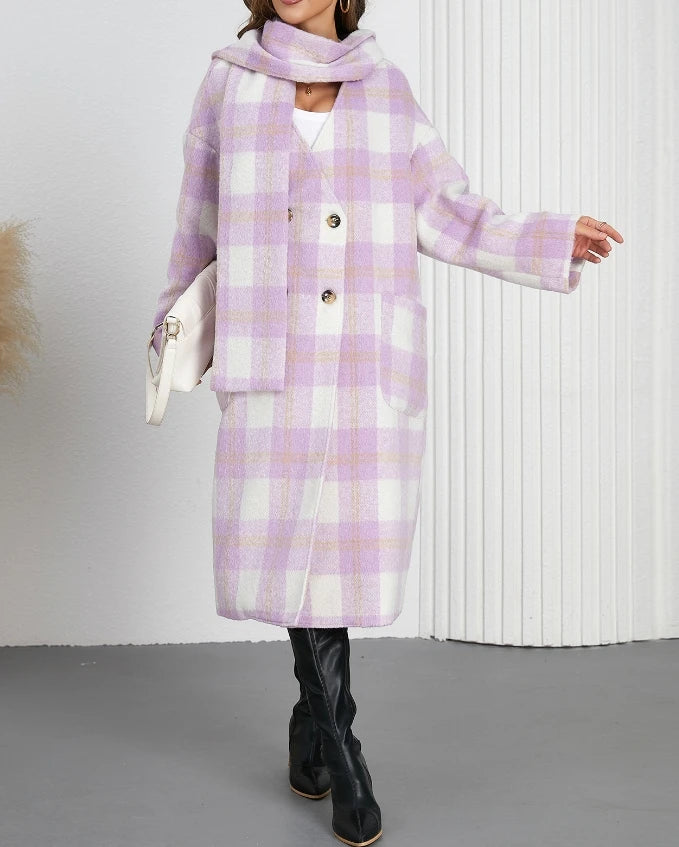 Double-Breasted Plaid V-Neck Coat