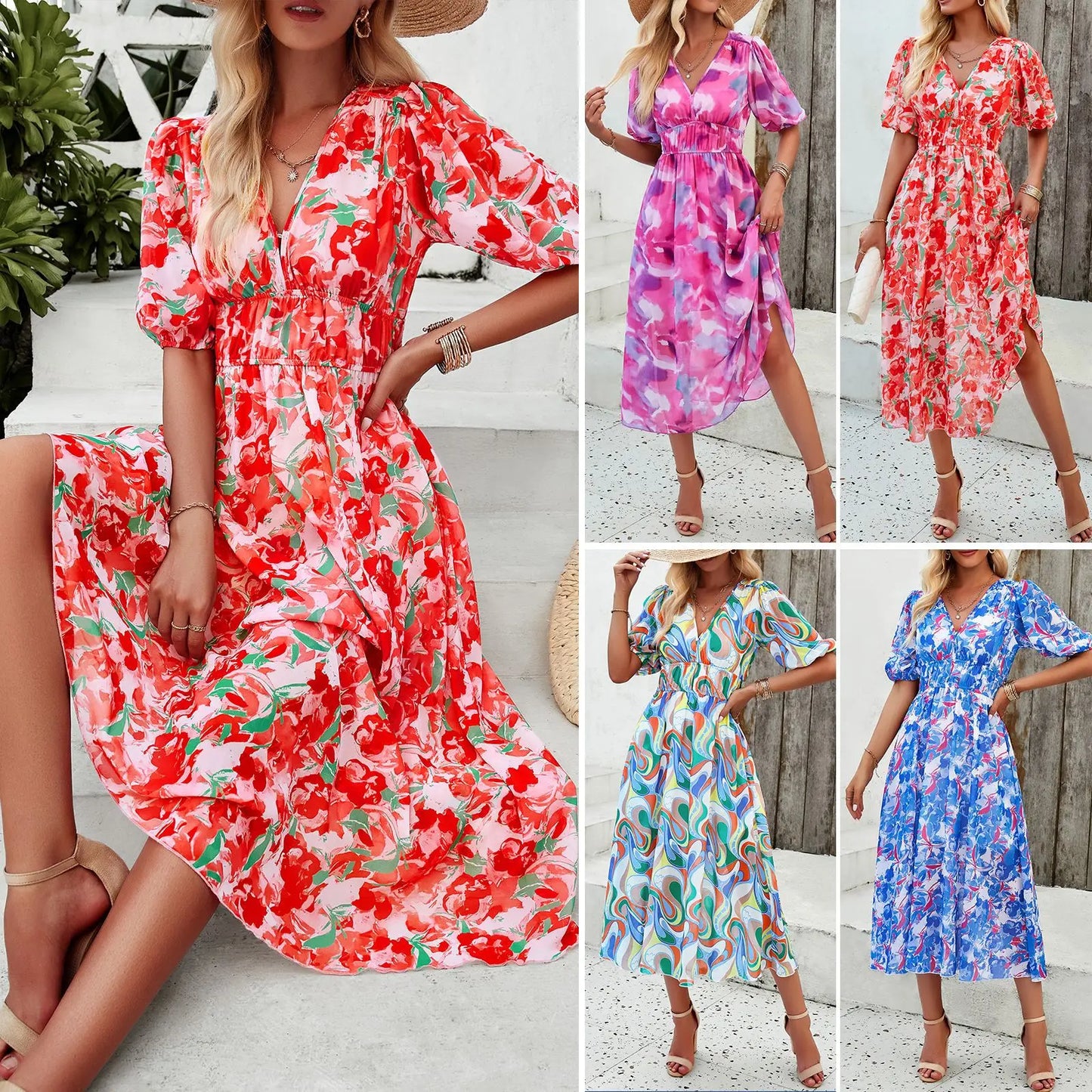 Women’s Midi Dress – Lightweight Chiffon – V-Neck – Puff Sleeves – Elastic Waist
