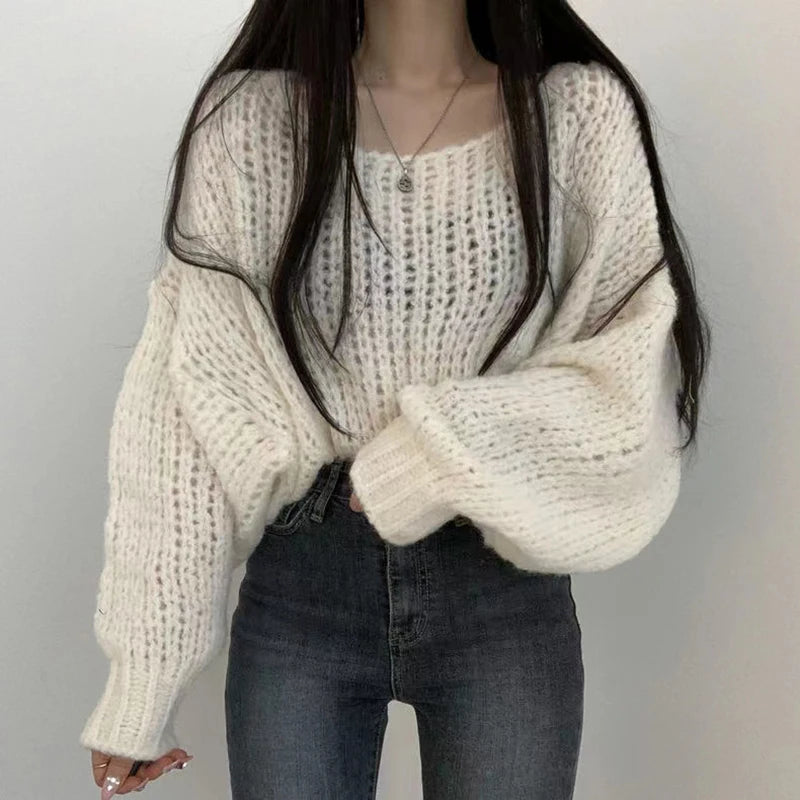 Hollow Out Lantern Sleeve Knitted Pullover Sweater