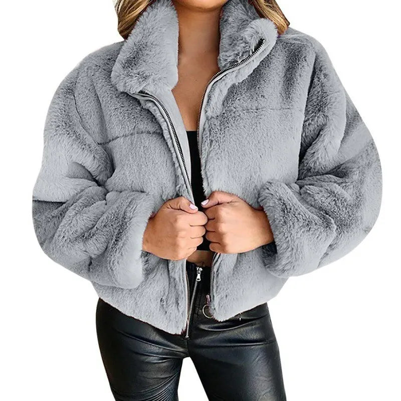 Women’s Faux Fur Jacket - Oversized Fit - High Collar - Full Zip Closure - Soft & Cozy