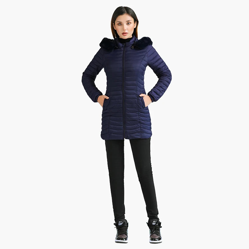 Women's slim fit winter puffer jacket with fur hood