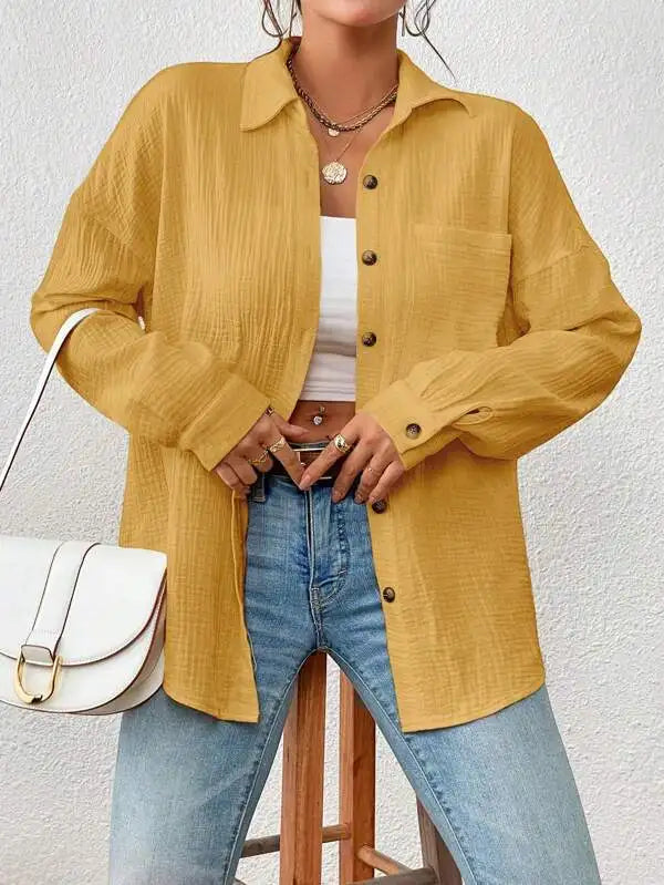 Women's Button-Up Shirt - Lightweight Crinkled Fabric - Relaxed Fit - Long Sleeve