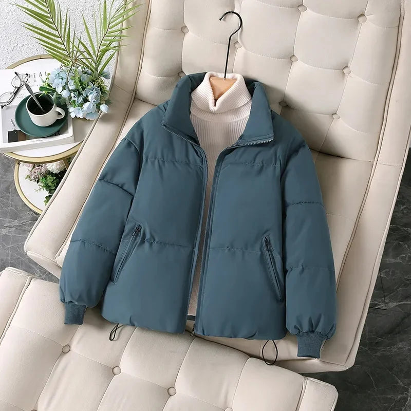 Women's winter puffer jacket with a stand collar