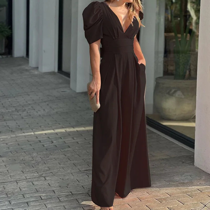 Women's Jumpsuit - Tailored Fit - Puff Sleeve - Deep V-Neck - Wide-Leg Elegant Style