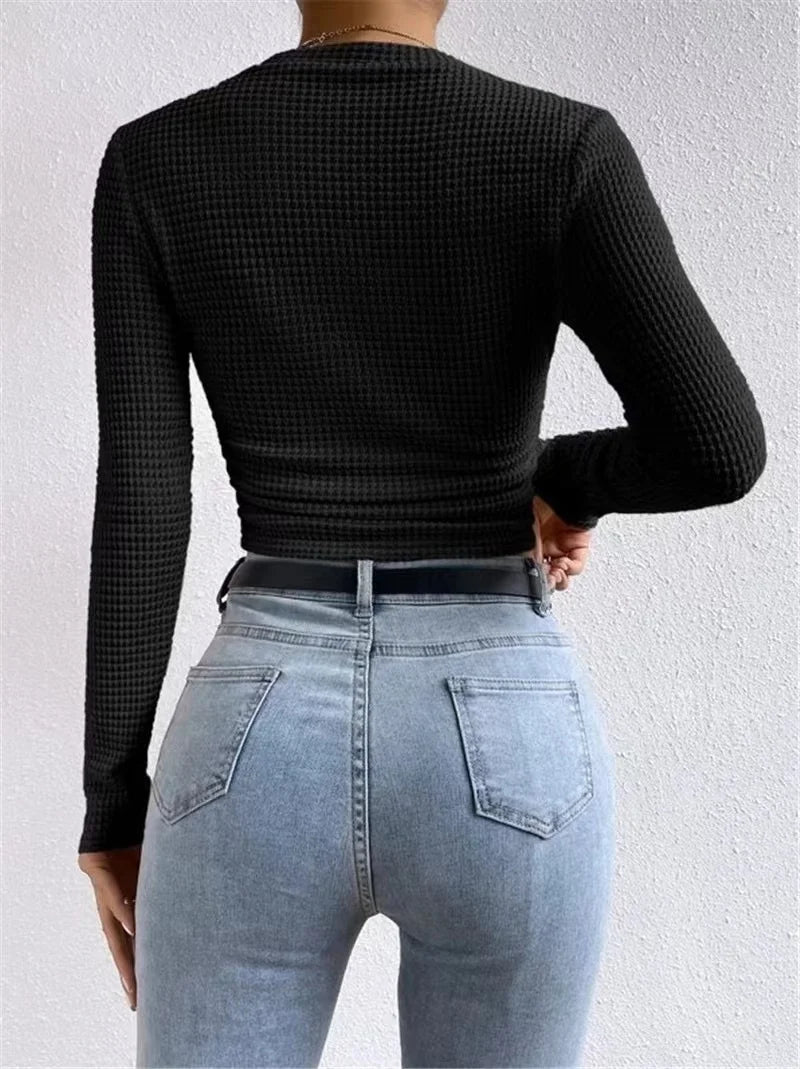 Women's basic waffle long sleeve t-shirt slim fit top