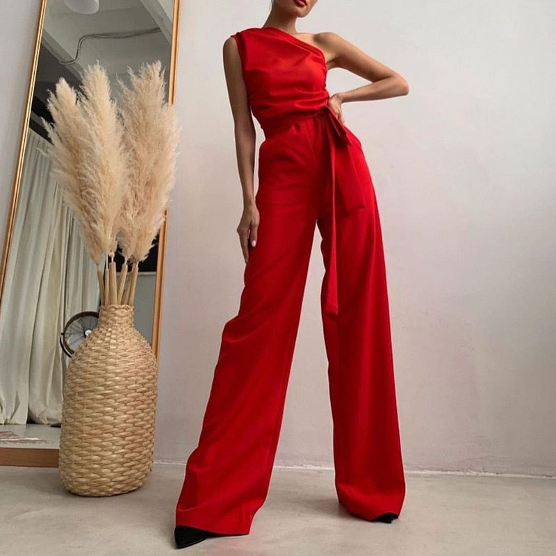 Women's One-Shoulder Jumpsuit – Asymmetrical Neckline – Waist Belt – Wide-Leg Elegant Fit
