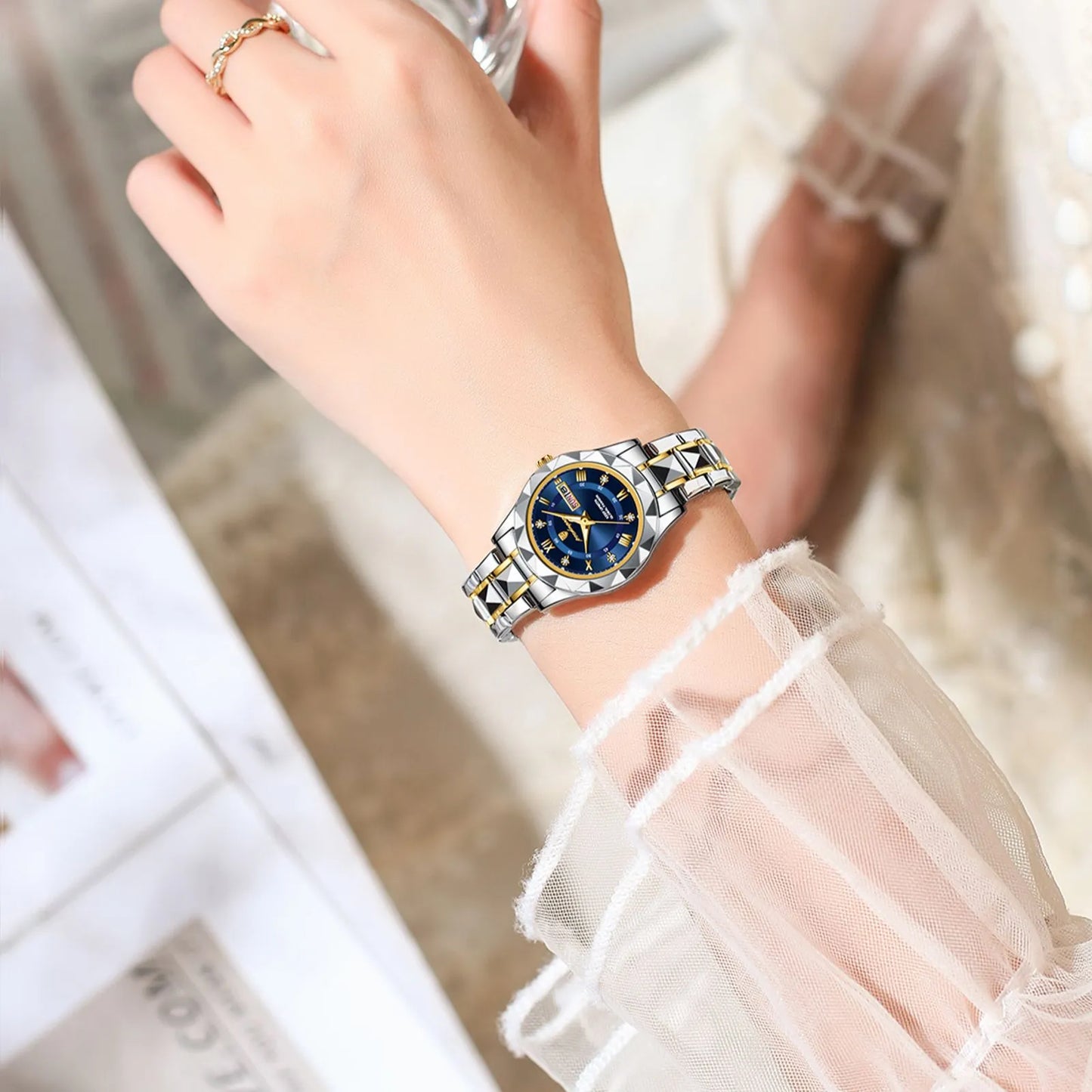 Two-tone silver women's watch with diamond accent